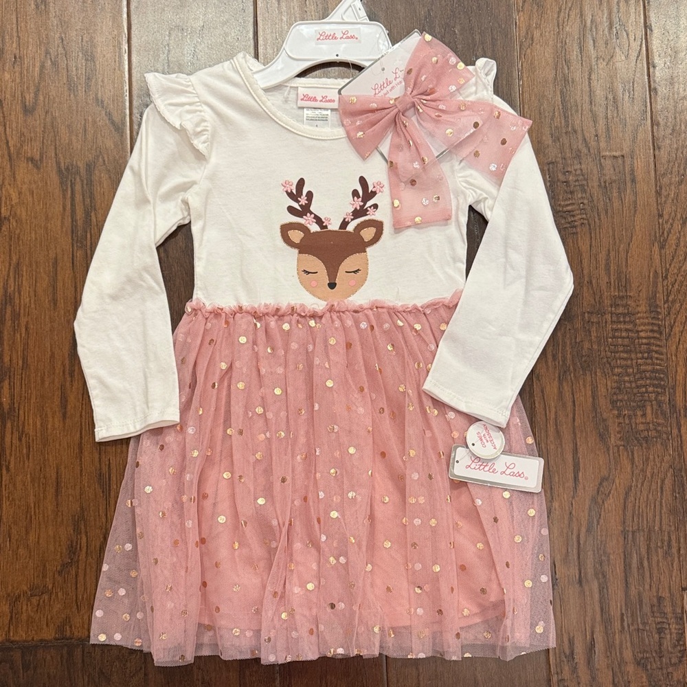 Little Lass Pink and White Dress with matching Bow sz 4 NWT